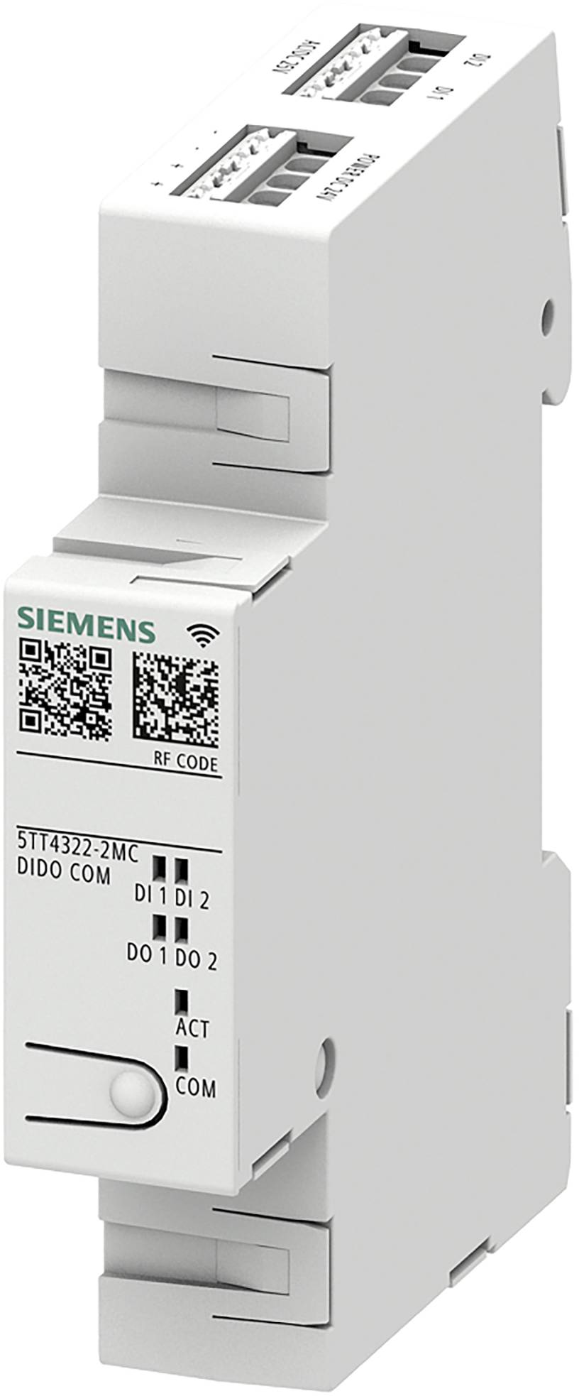 Siemensov DIN-letev digitalni modul vhoda/izhoda s QR-kodno oznako in indikatorji stanja za industrijske krmilne sisteme.