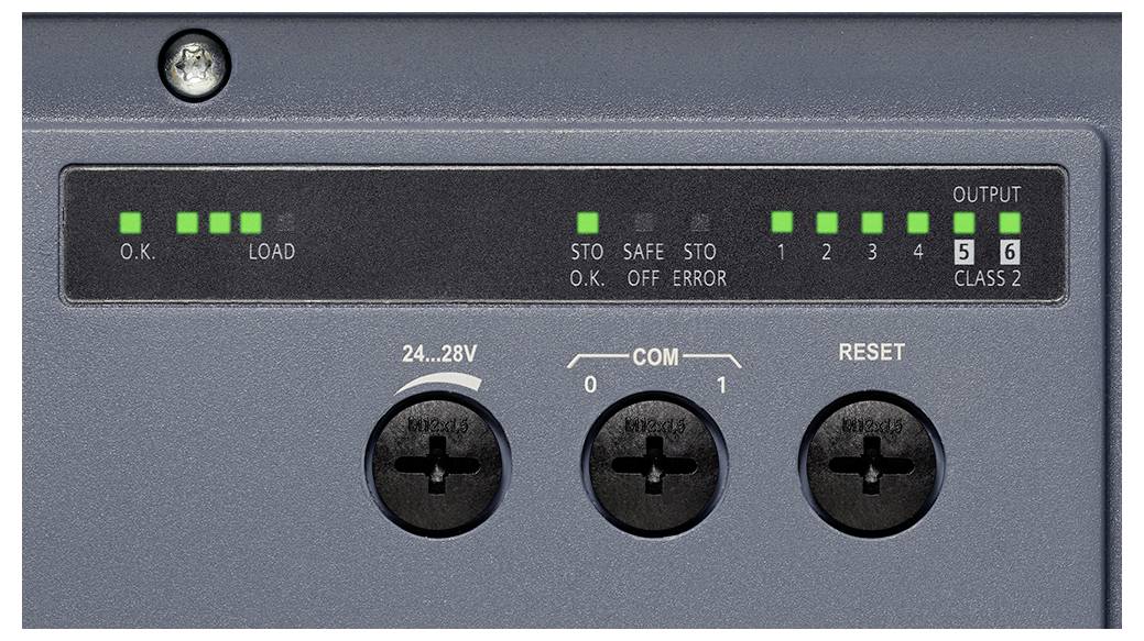 Industrijski nadzorni panel s statusnimi LED diodami z oznakama O.K., LOAD, OUTPUT in CLASS 2, ter tri nastavitveni stikali z oznakama 24..28V, COM in RESET.