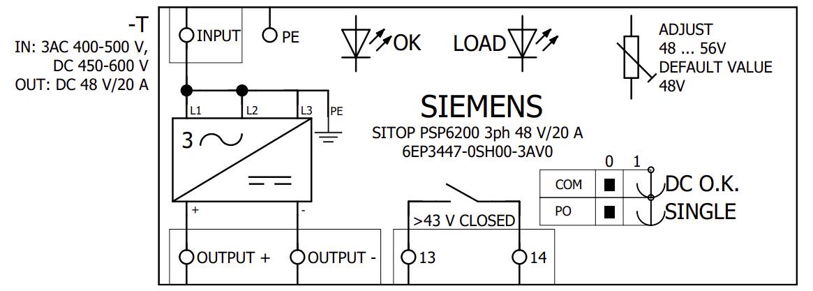 SIEMENS SITOP napajalni vir - shema povezovanja prikazuje vhod L1, L2, L3 in PE, izhod +/-, signalne stike DC OK in nastavljivo 48-56V privzeto 48V.