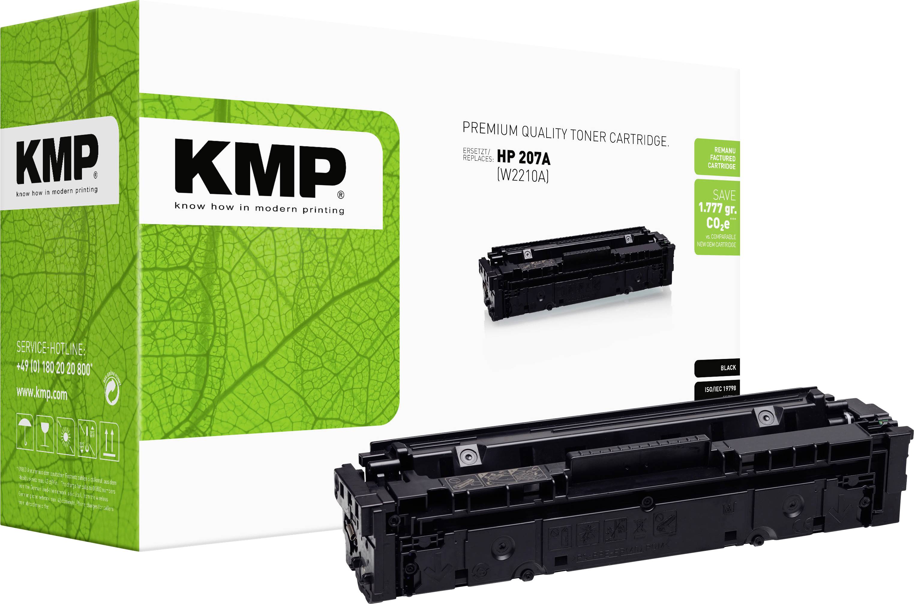 Škatlica tonerja premium kakovosti KMP in črn tonerski kartuš za HP 207A (W2210A), prikazana na belem ozadju.