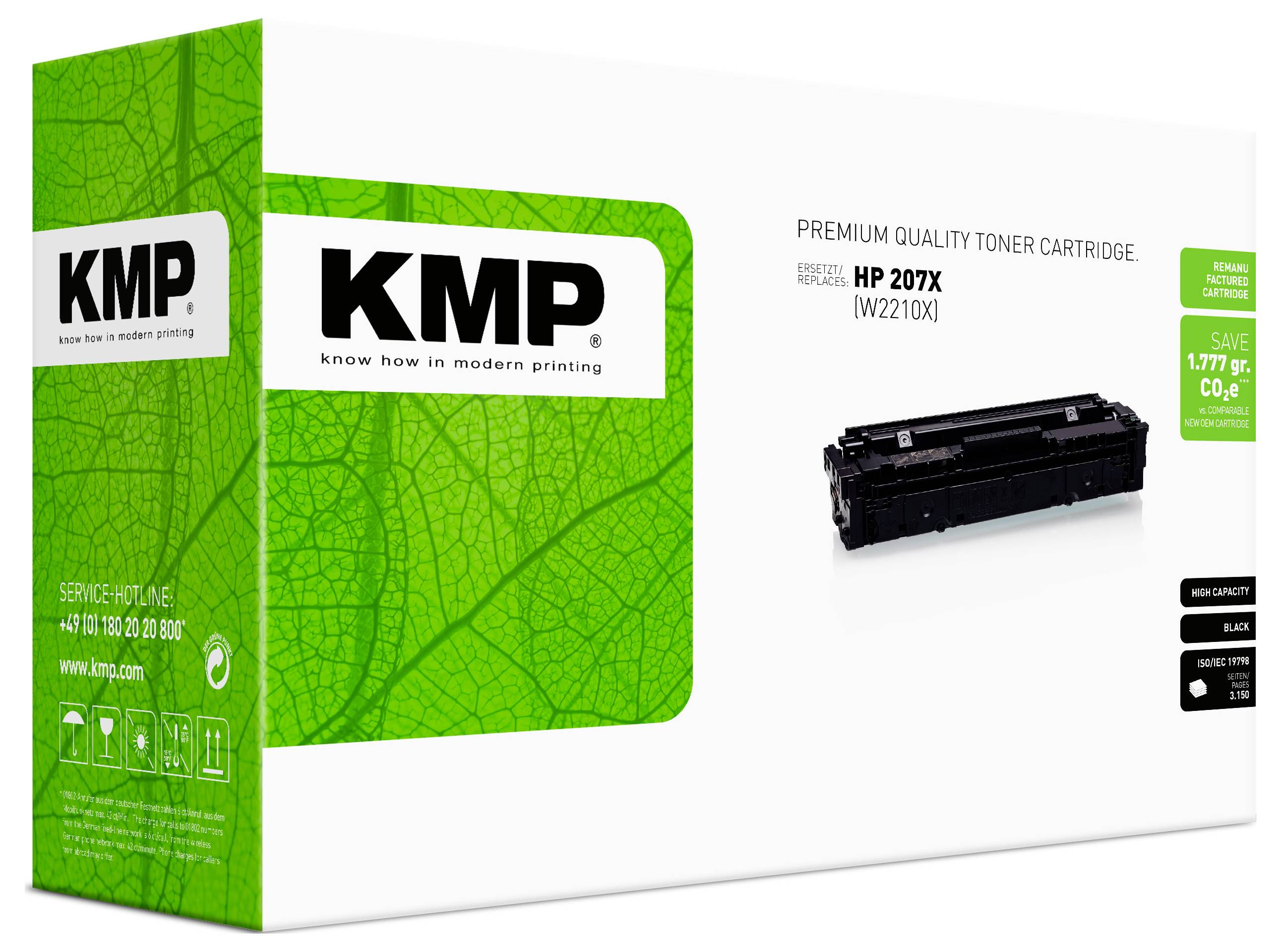 KMP premium kakovostni tonerski kartridž v embalaži za HP 207X (W2210X), prikazan na beli škatli z zelenim vzorcem listov in sliko izdelka.