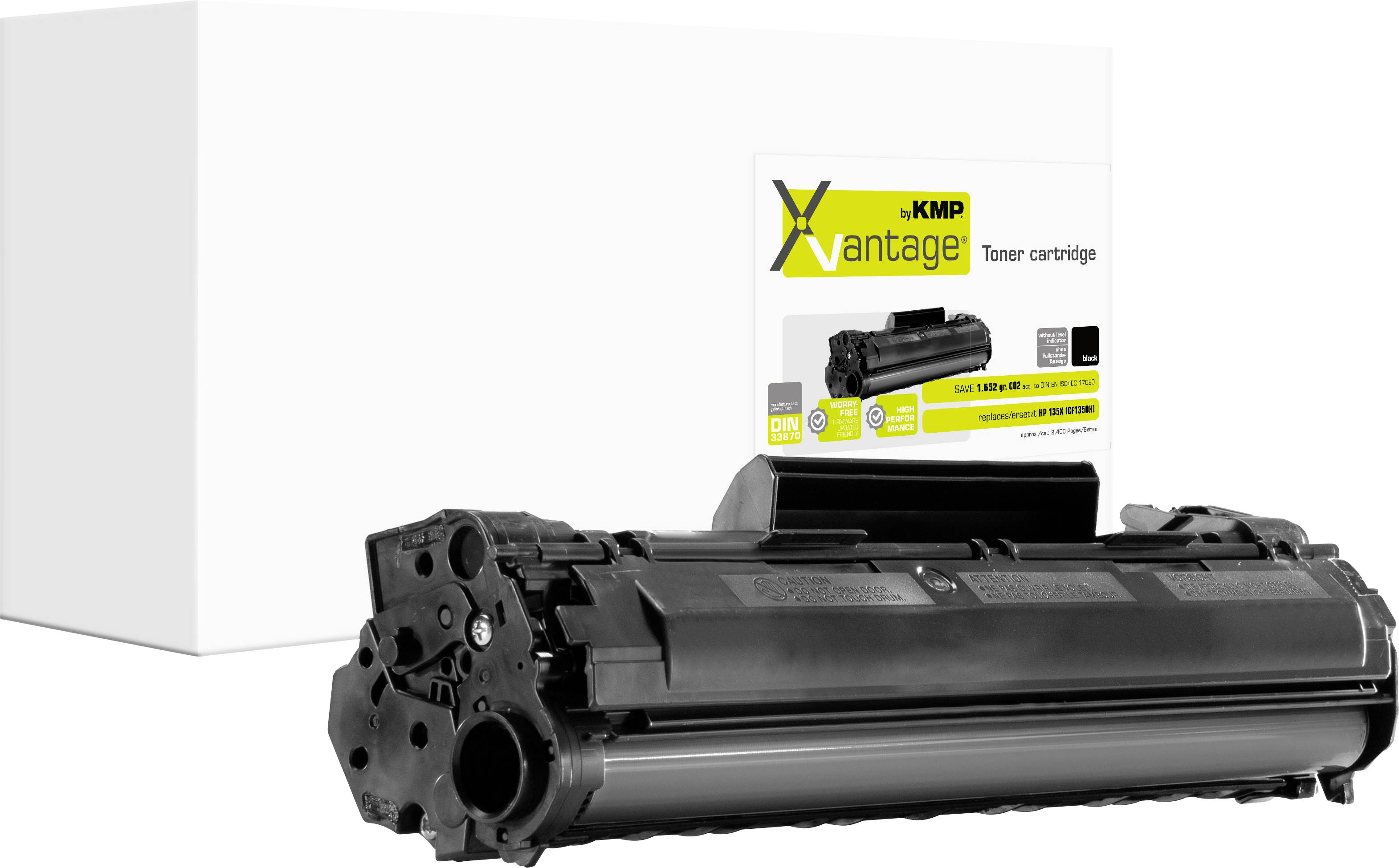 Črna toner kartuša za tiskalnik pred belo škatlo z napisom 'KMP Vantage' in 'Toner cartridge'.
