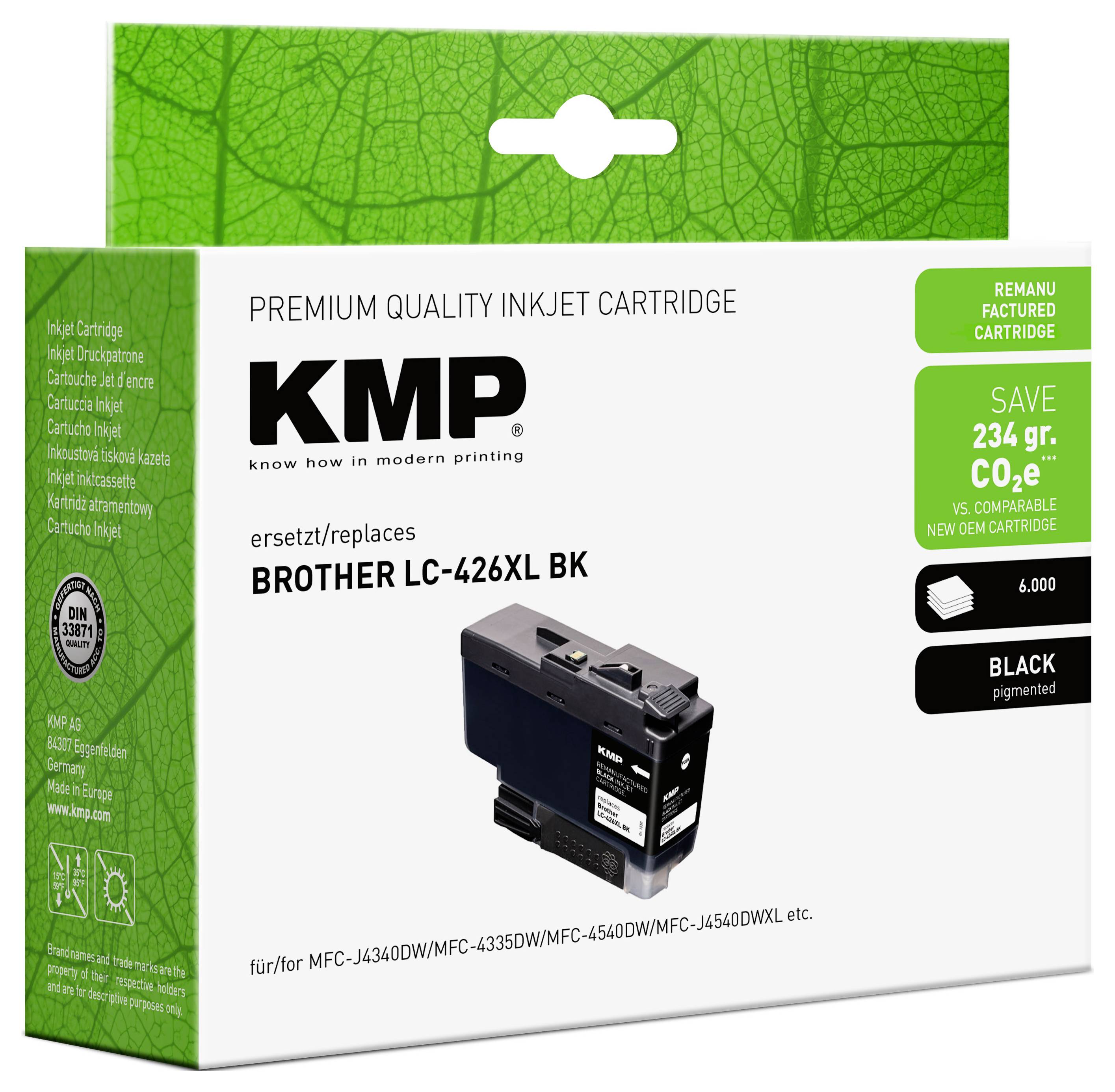 Škatla premiumske kakovosti črnilnega kartridža KMP, nadomestka za črni kartuš Brother LC-426XL BK, ki prikazuje prihranek 234 g CO2e in 6.000 strani.