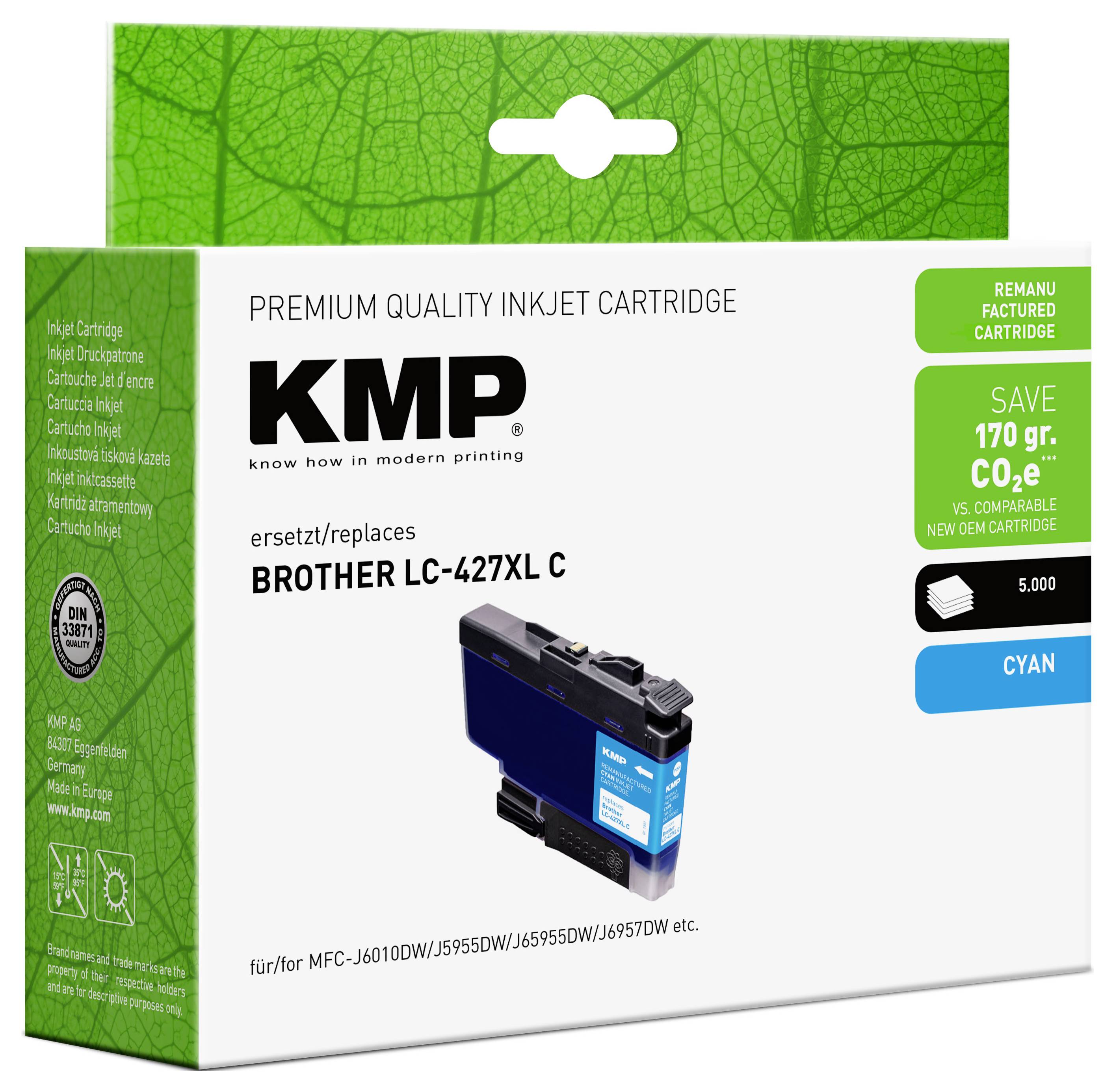 KMP premium cian napolnilni kartridž za tiskalnike v škatlici z oznako "BROTHER LC-427XL C" in "PRIHRANI 170 gr. CO2e", ki prikazuje nadomestni kartridž za tiskalnika Brother.