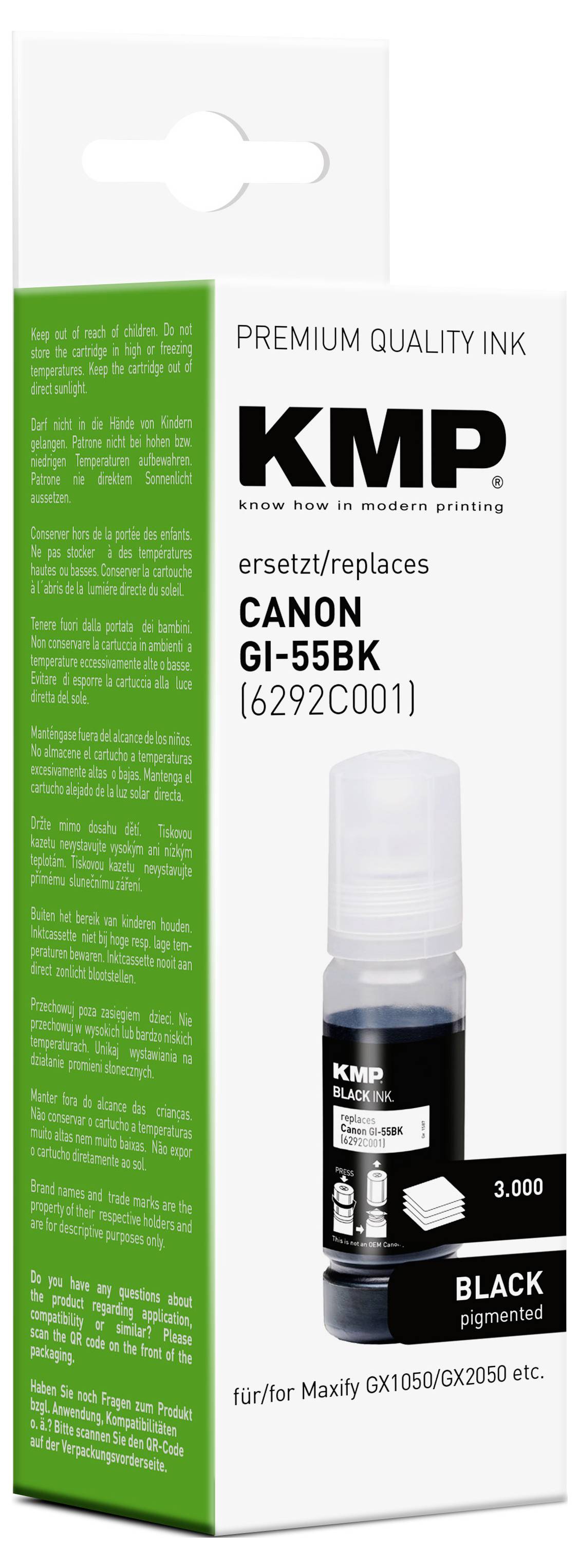 KMP kakovostna črna črnila v steklenički, označena z "Premium Quality Ink" in "Canon GI-55BK [6292C001]" za tiskalnik Maxify GX1050/GX2050.