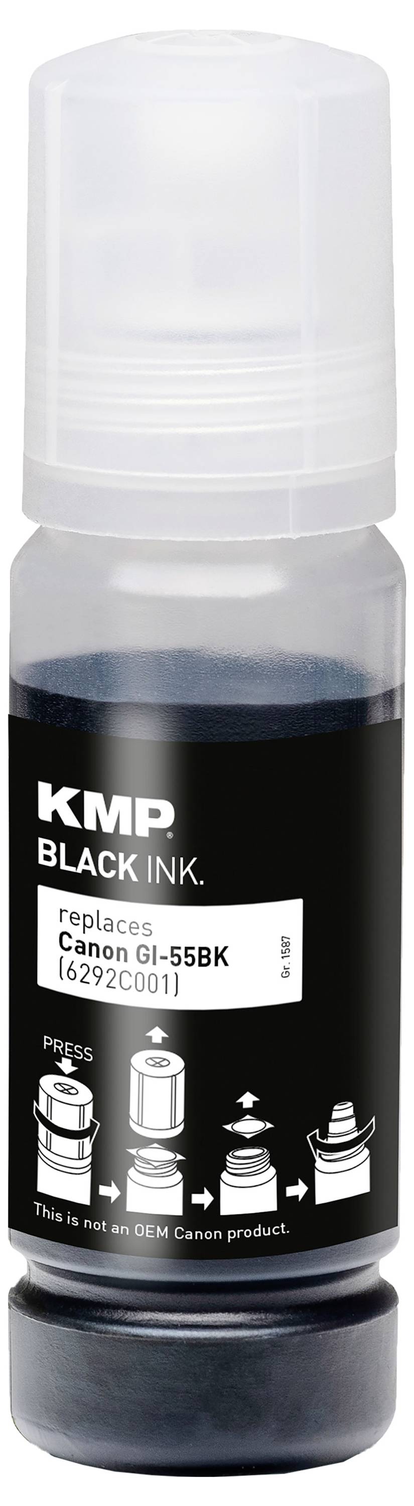Steklenica črnega črnila KMP z oznako »nadomešča Canon GI-55BK 6292C001« za tiskalniki Canon.