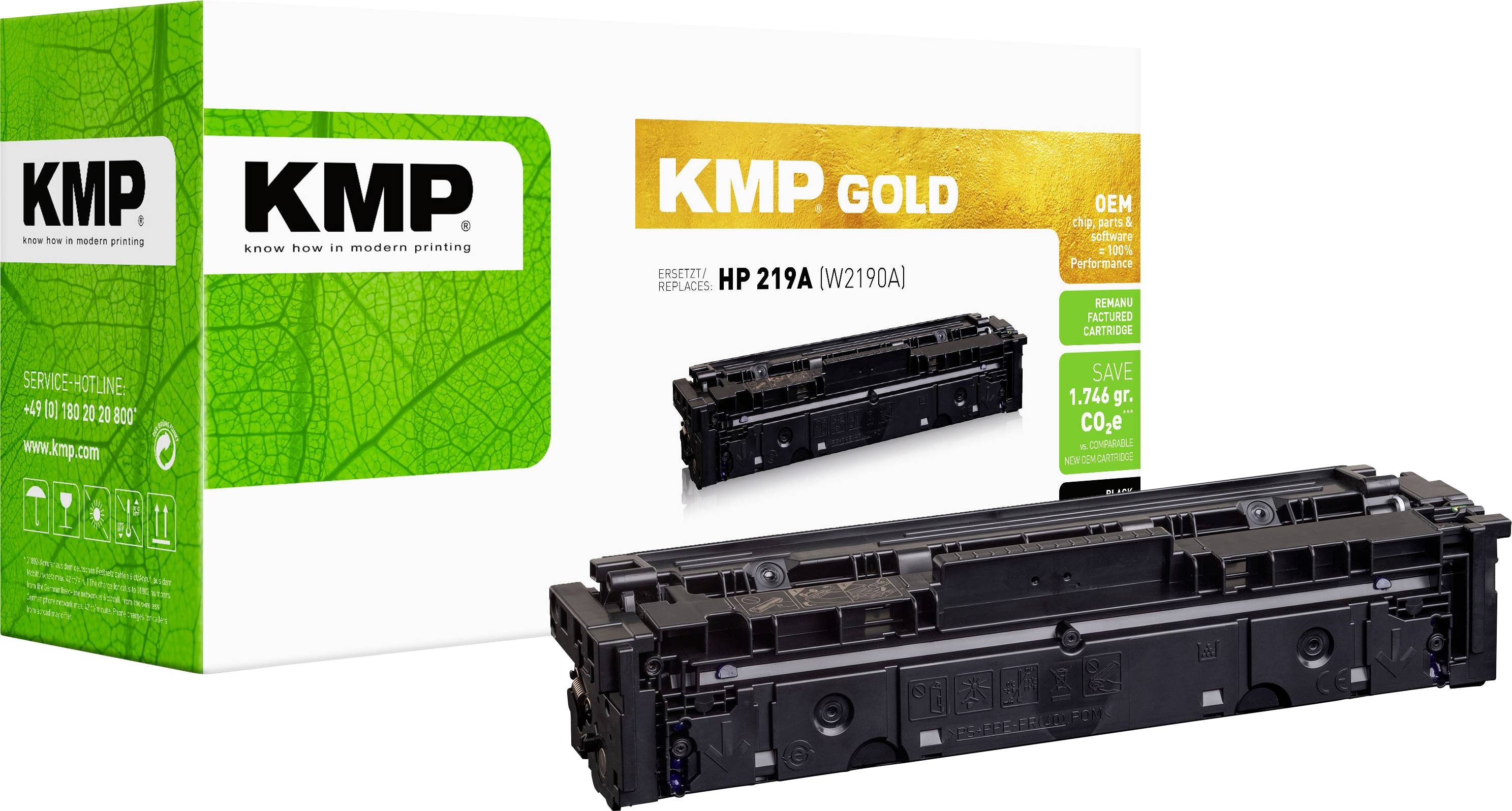 Embalažo tonernega kartridža KMP Gold in kartridž na belem ozadju, označena za HP 219A/W2190A.