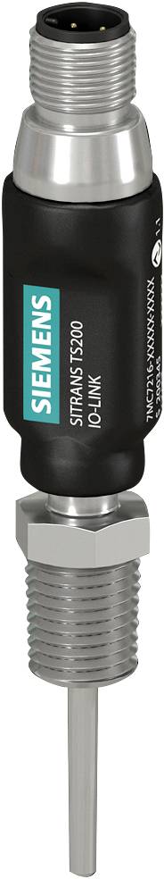 Detaljni pogled na temperaturni senzor Siemens SITRANS TS200 z navojnimi kovinskimi priključki in dolgim senzorjem.