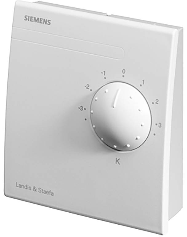 Beli stenski termostat Siemens Landis & Staefa s centralnim okroglim gumbom za temperaturo, označenim od -3 do +3 in črko »K« spodaj.