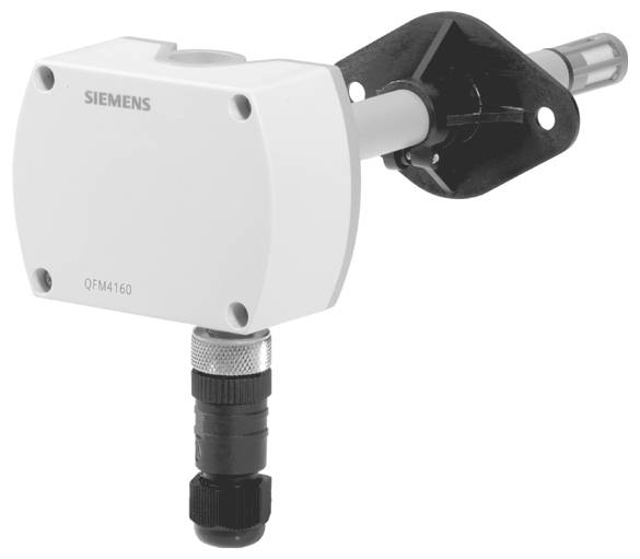 Siemens QFM4160 kanalski senzor s sondo in montažnim prirobom za nadzor zraka v sistemih HVAC.
