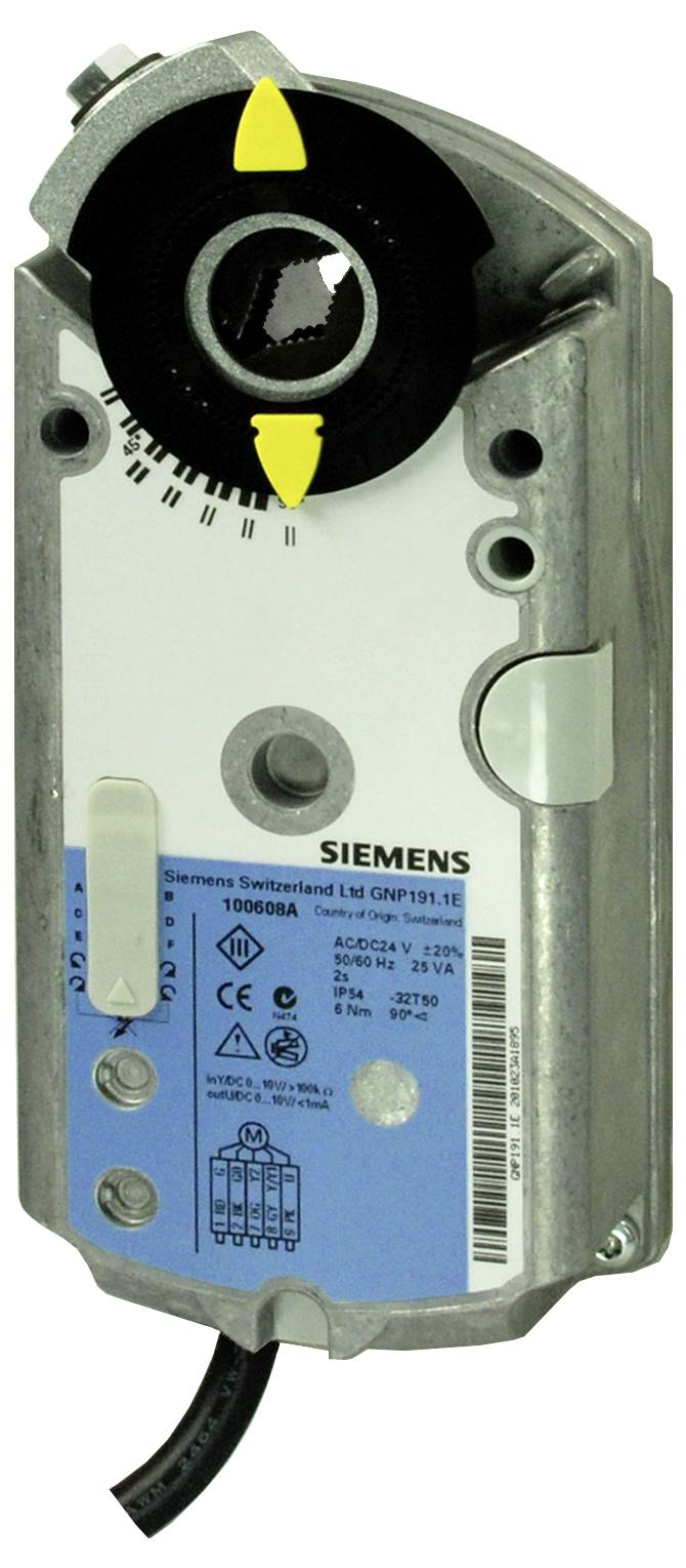 Električni pogonski ventil Siemens s krožnim črnim merilnikom in rumenim pokazovalcem na kovinskem ohišju, z modro nalepko specifikacij in priloženim kablom.