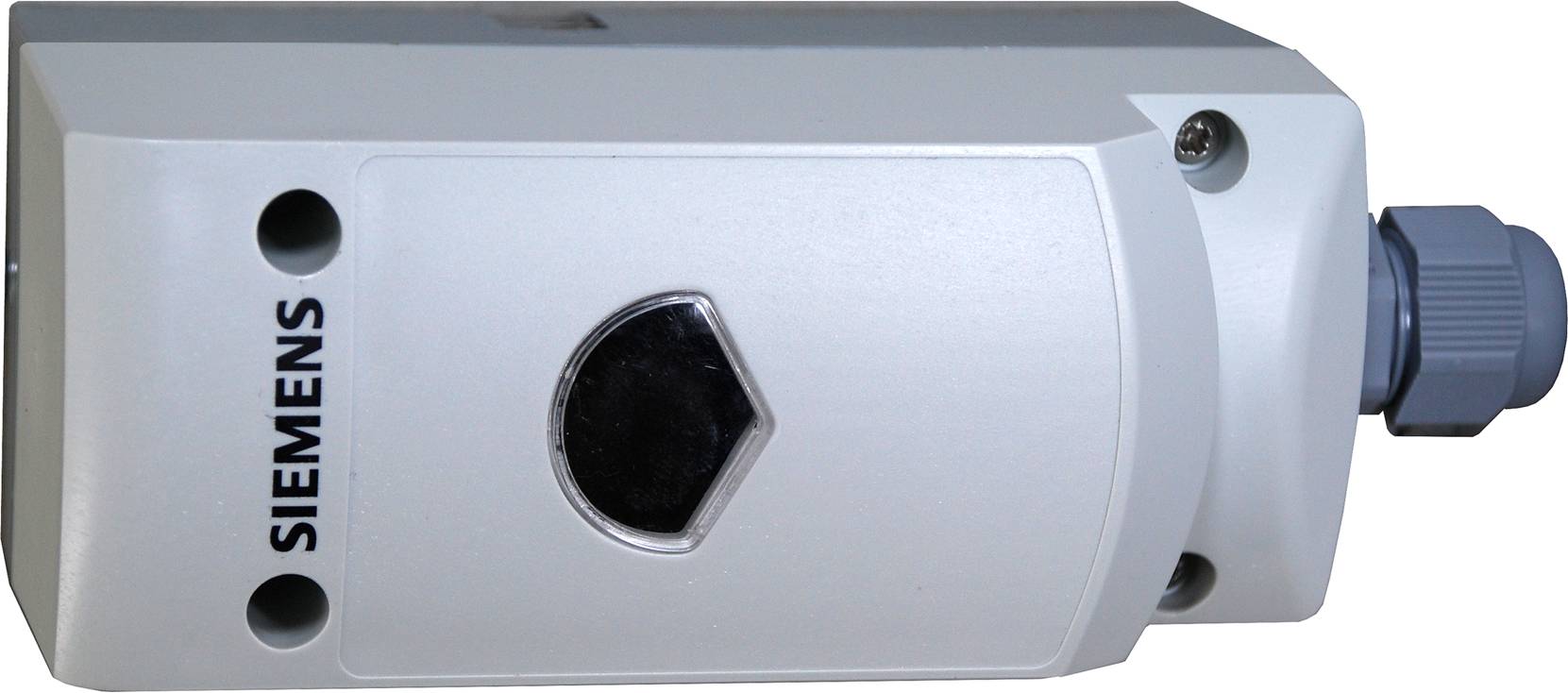 Ohišje industrskega senzorja Siemens s šestkotnim opazovalnim oknom in modrim priključkom za kabel na desni strani.