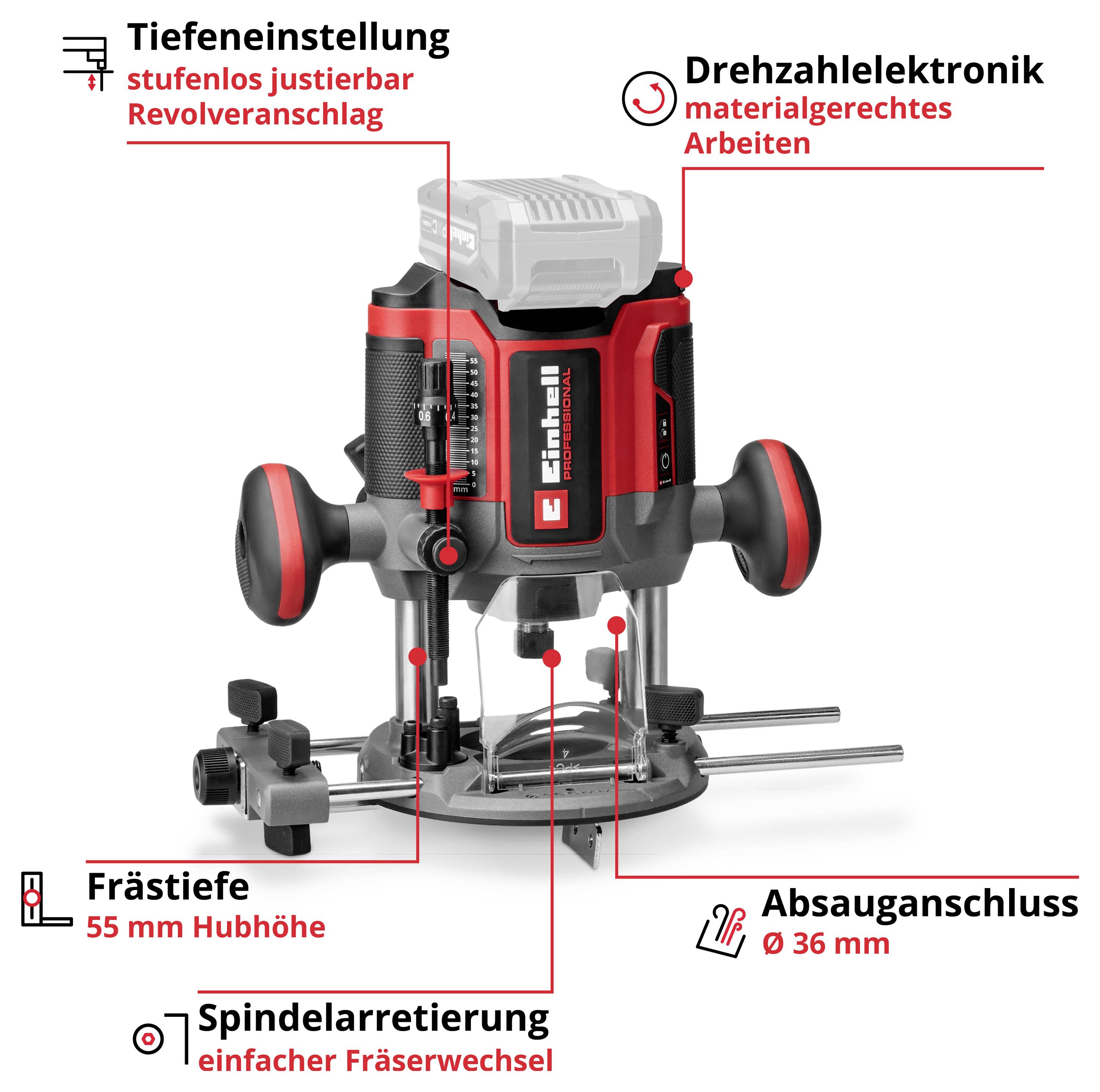 Označena rezkalna naprava s funkcijami: nastavljiva globina brez stopenj, regulacija števila vrtljajev, globina rezanja 55 mm, blokada vretena in priključek za sesanje Ø 36 mm.