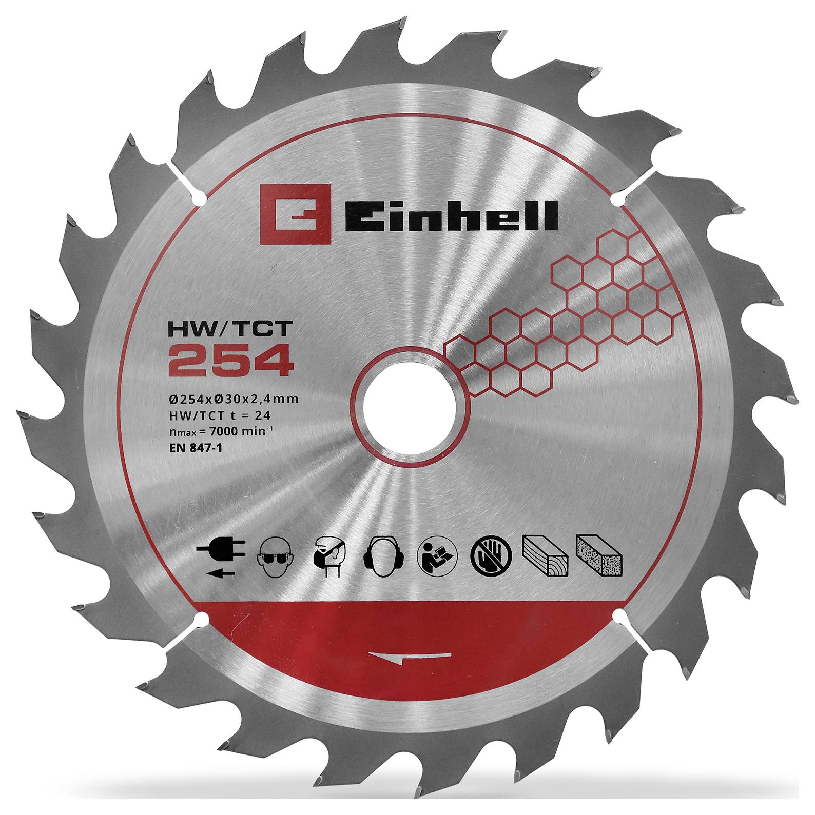 Einhell HW/TCT 254 žagni disk s 24 zobmi, prikazan frontalno s kovinskim telesom, rdečo nalepko in šesterokotnim vzorcem.