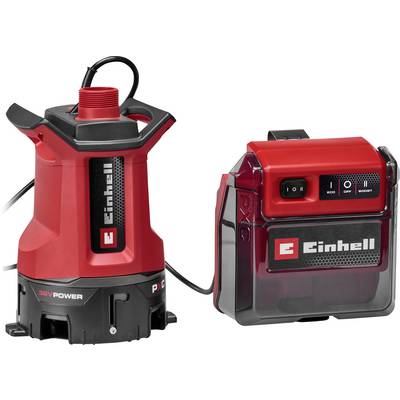 Rdeča brezžična Einhell 18V Power X-Change črpalka in baterijski paket, prikazana drug ob drugem na belem ozadju.