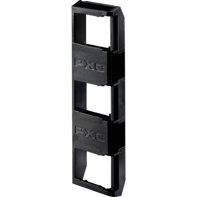 Črna plastična pravokotna montažna okvira s tremi odprtimi režami in vtisnjenim logotipom PXC, prikazana na belem ozadju.