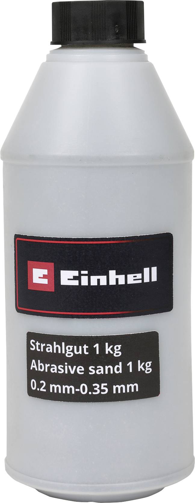 Bela plastična steklenica Einhell abrazivnega peska z napisom 'Strahlgut 1 kg', 'Abrasive sand 1 kg', '0,2 mm-0,35 mm'.