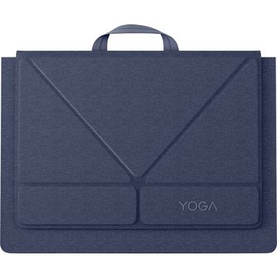 Modra tkanina prtljažne torbe za prenosnik ali aktovke s ročajem na vrhu in žepom na sprednji strani, označena z »YOGA«.