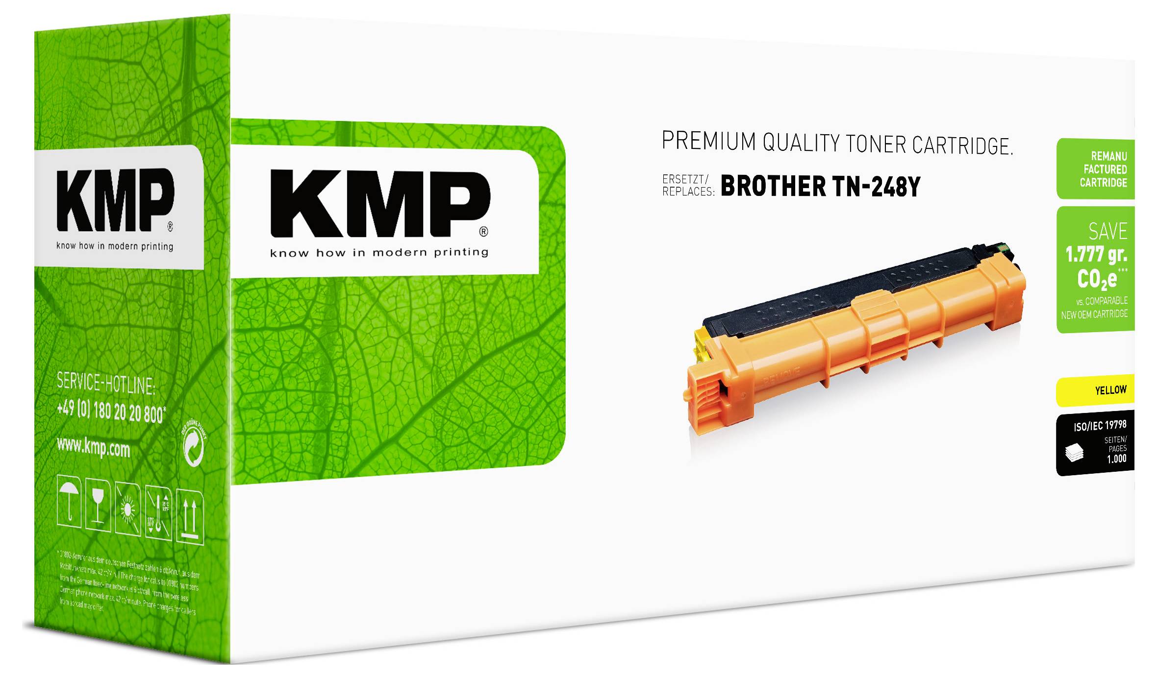 Škatla KMP kvalitetnega tonerata za Brother TN-248Y, ki prikazuje rumeni toner in zahtevo za prihranek 1.777 gr. CO2e pri recikliranju.