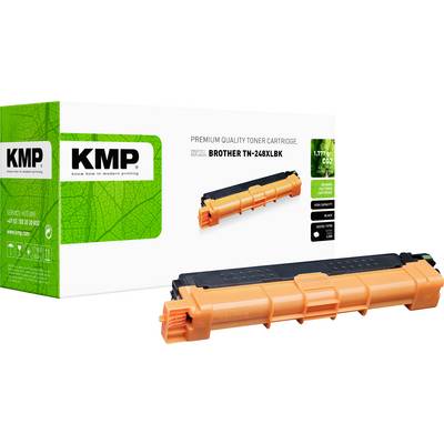 Slika proizvoda KMP toner kartuše premium kakovosti za Brother TN-248XLBK, prikazana v oranžni barvi s pakiranjem in detaljnim pogledom na kartuško.