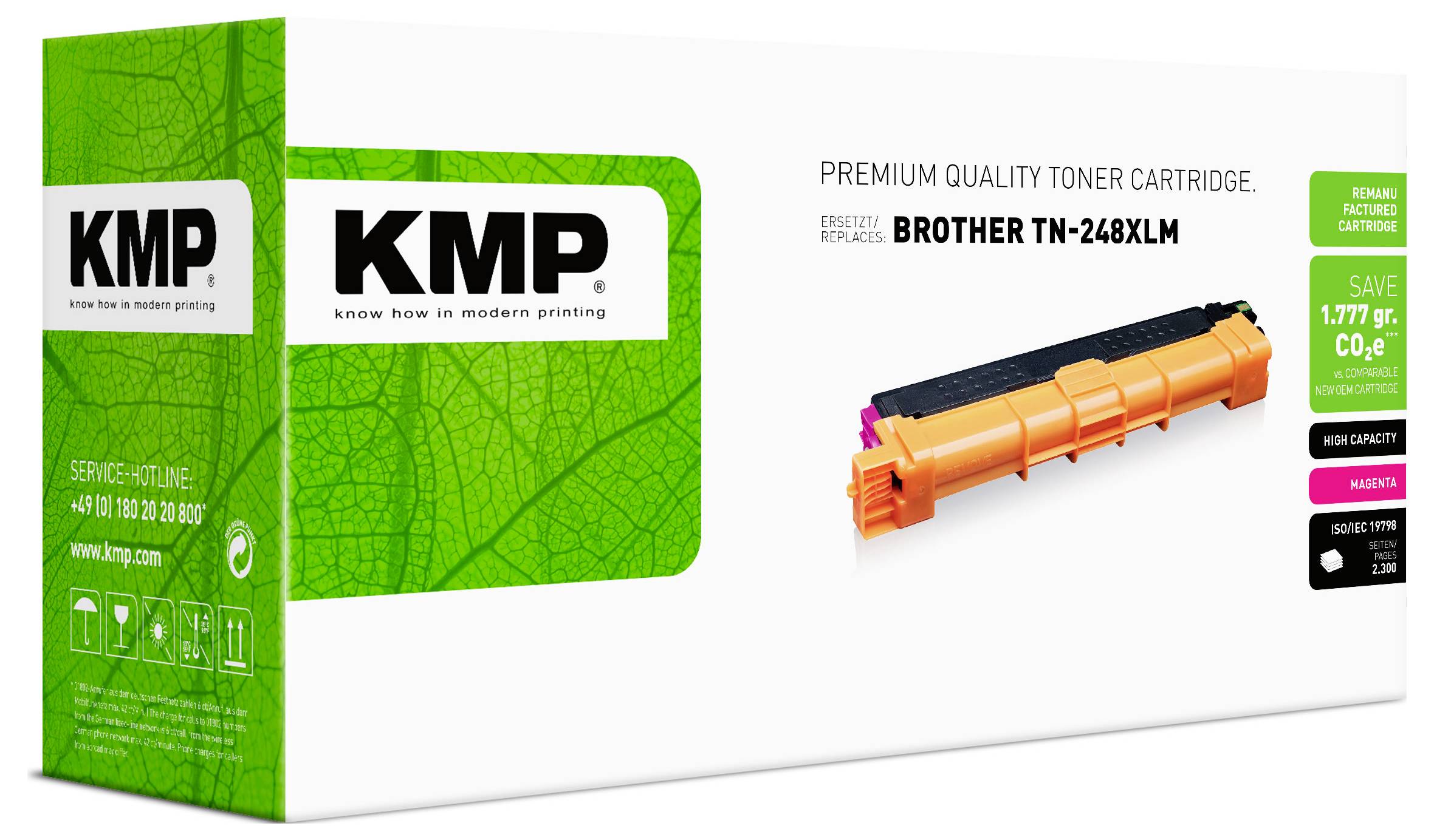 KMP kakovostni toner kartridž za Brother TN-248XLM, prikazan v oranžni magenta embalaži s sliko izdelka in nalepkami za zamenjavo/prihranek.