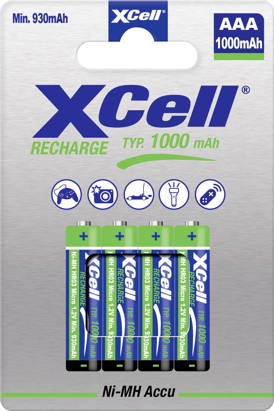 Paket polnilnih baterij XCell AAA Ni-MH, prikazuje 4 baterije in kapaciteto 1000 mAh, z minimalnom 930 mAh.