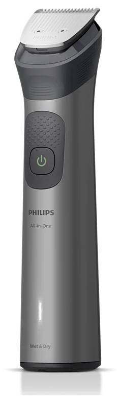 Philipsov OneBlade električni trimmer s priloženo glavico in gumbom za vklop, prikazan v pokončni legi na belem ozadju.