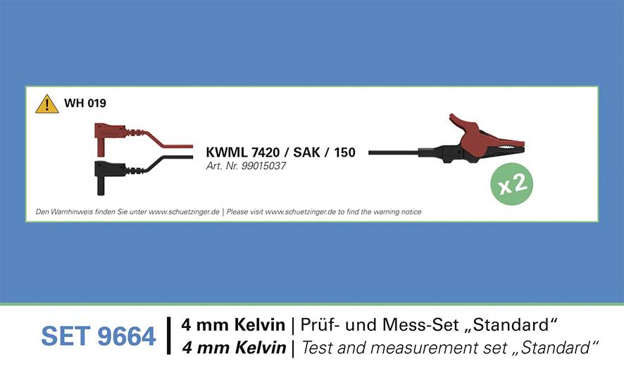 Slika izdelka nabora za merjenje in testiranje K4 mm Kelvin 'SET 9664' s kabli, sponkami in opozorilno nalepko 'WH 019' za KWML 7420/SAK/150.