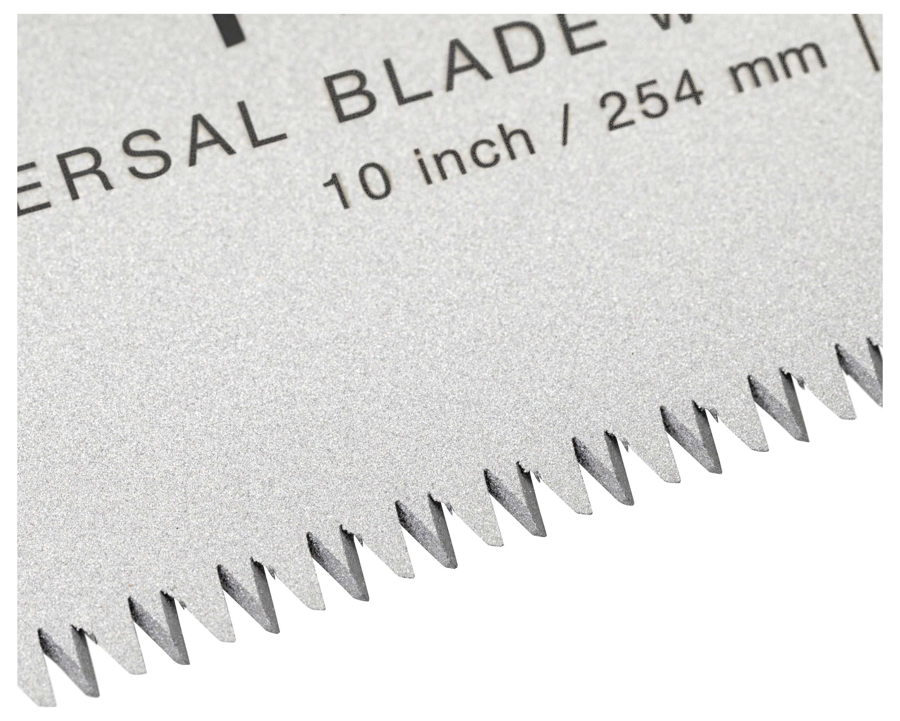 Približni posnetek kovinskega univerzalnega rezila žage z zobci; označen '10 palcev / 254 mm' in delno viden napis 'UNIVERSAL BLADE'