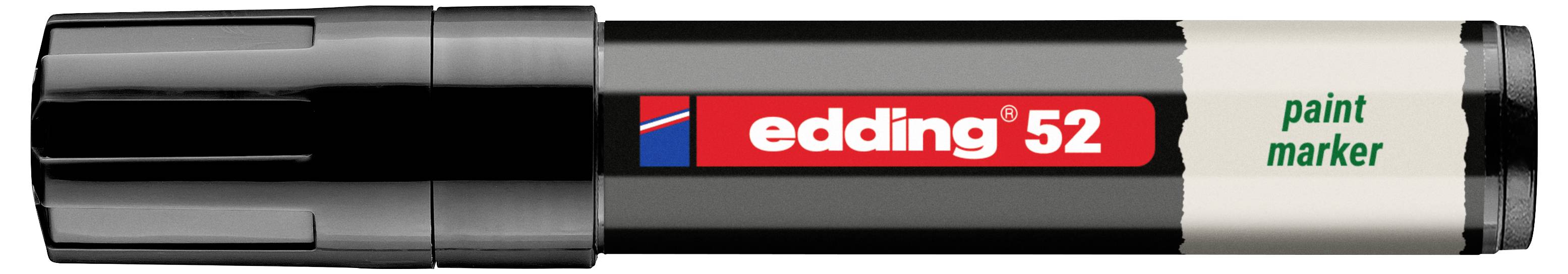Črn marker Edding 52 s črto, namenjen za slikanje, z rdečo nalepko in zelenim napisom "paint marker" na cevi.