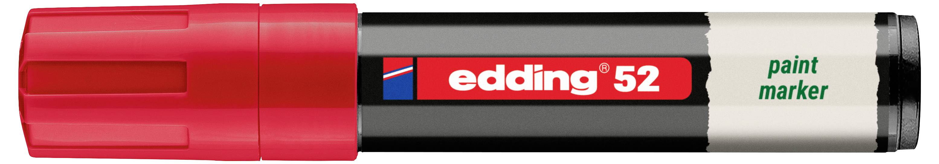 Rdeči marker Edding 52 s čopičem za barvo, črnim telesom, rdečo nalepko in sivo kapico.