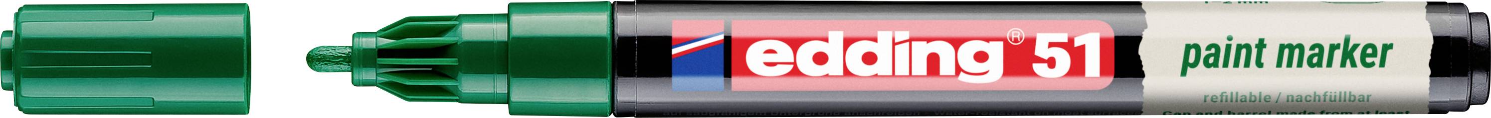 Zeleni marker Edding 51 s pokrovko odstranjeno, ki prikazuje klinast vrh in rdeče-belo branding oznako.