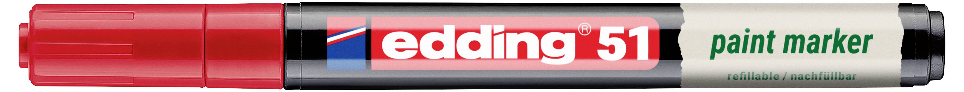 Rdeči marker za barvo s pokrovčkom in konico, oznachen z »edding 51 paint marker« in »zanesljiv trajen črnilo«.