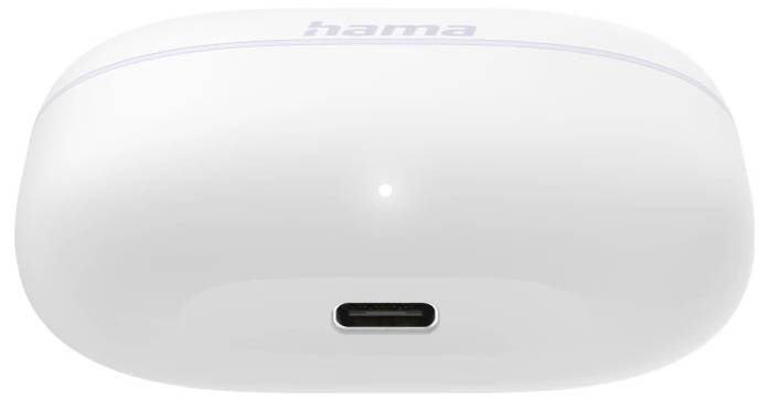 Bela Hama brezžična zvočnika ali naprava za polnjenje s osrednjim vhodno-izhodnim portom USB-C na navadnem ozadju.