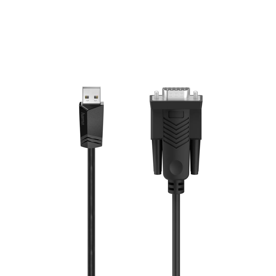 Črn USB kabel s priključkom USB-A na enem koncu in s priključkom VGA na drugem koncu, prikazan na belem ozadju.