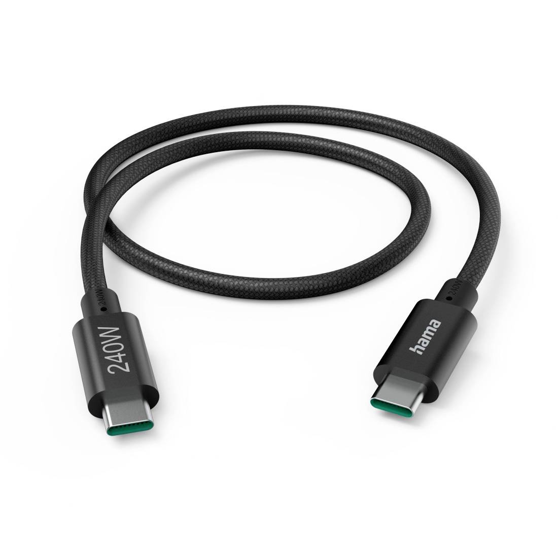 Črni pleteni kabel USB-C za polnjenje z oznako '240W' in 'hama', navit v zanko na belem ozadju z vidnimi priključki na obeh koncih.