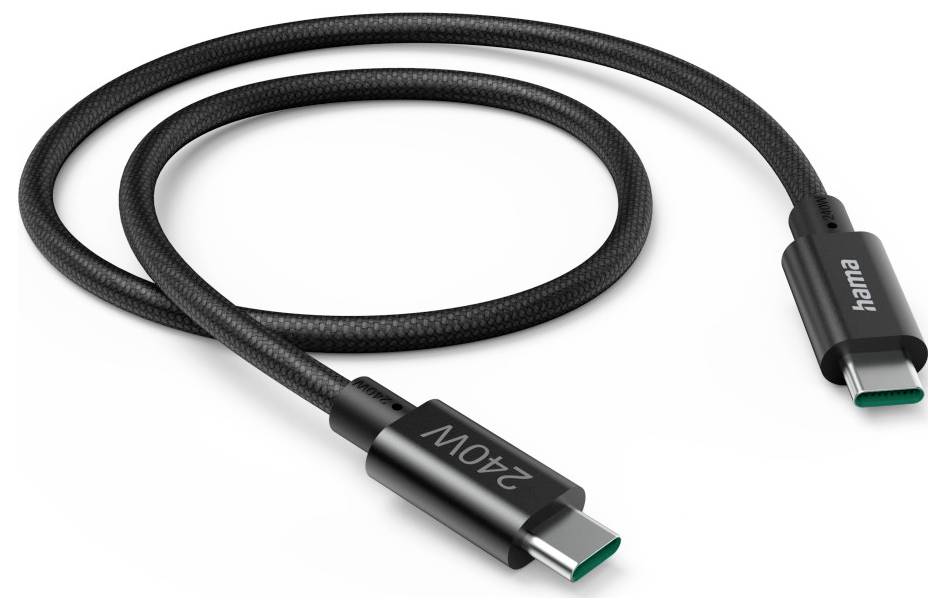 Črn prepleteni kabel USB-C s označbo 240W, prikazan zvit s priključki USB-C na obeh koncih.