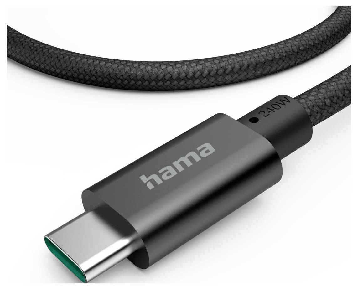 Bližnji pogled priključka USB-C kabla Hama z pletenenim črnim kablom na belem ozadju.