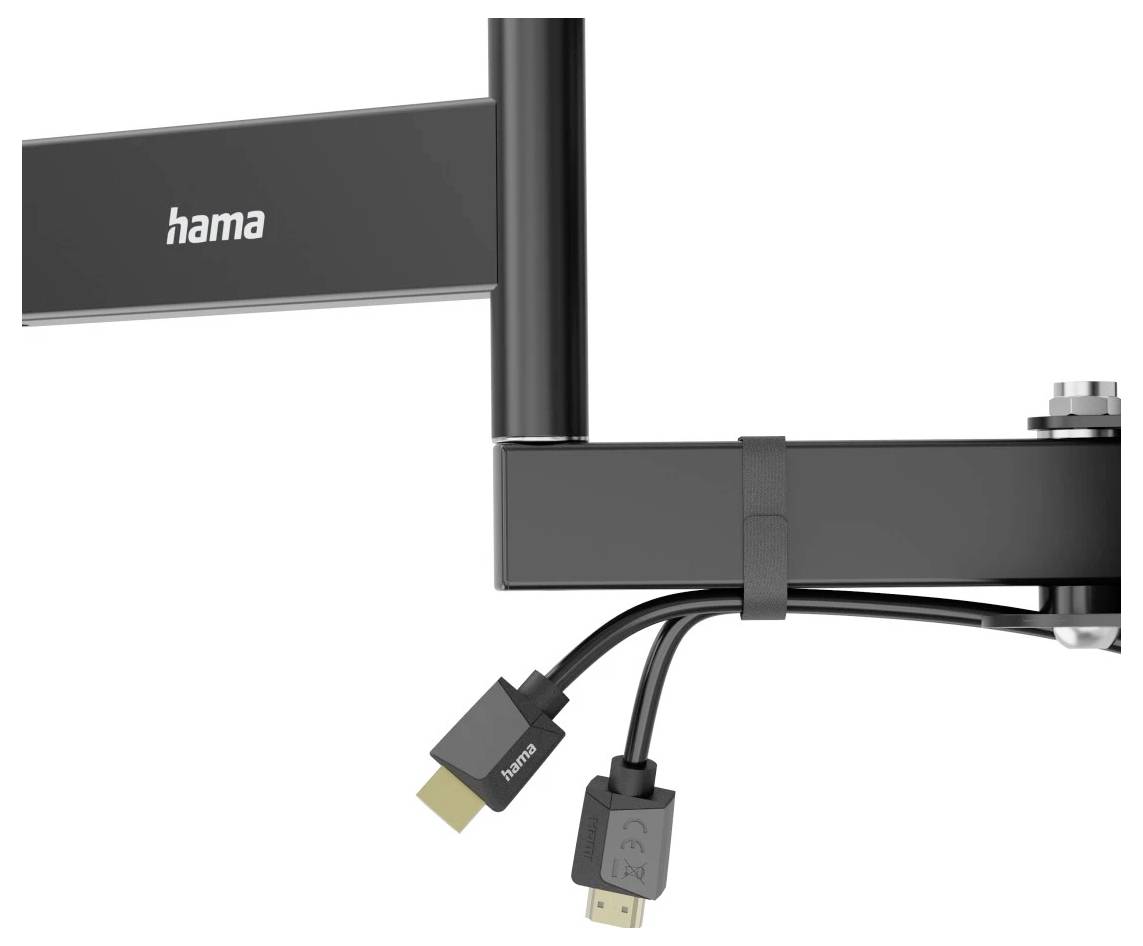 Hama črn mamorski roki z priloženim HDMI in DisplayPort kablom, ki visita pod nosilcem.