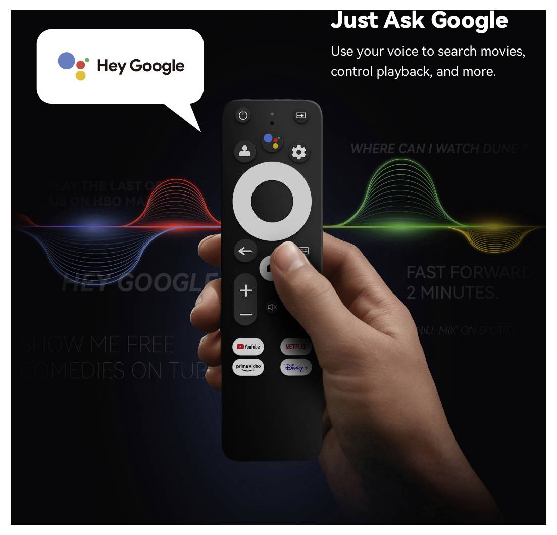 Roka, ki drži Googlove daljinske upravljalnik za Google TV, s pozvom "Hey Google" in besedilom "Samo vprašaj Google", ki promovira glasovni nadzor za iskanje in predvajanje.