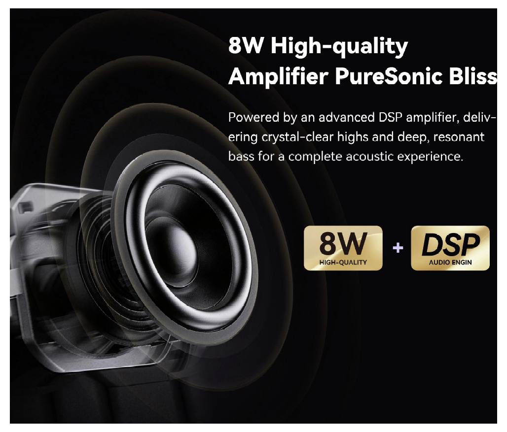 Promocijski grafik govornika s tekstom "8W visokokakovostni ojačevalnik PureSonic Bliss" in "8W + DSP audio engine," ki poudarja jasnejše visoke tone in globoko bas.