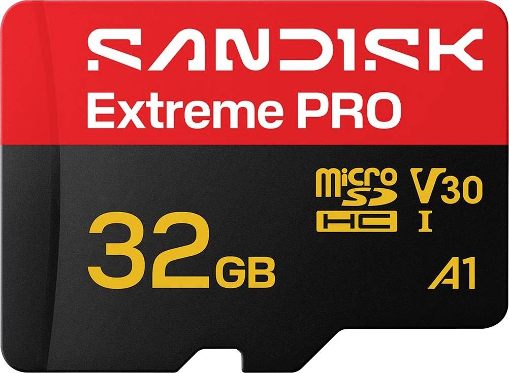 SanDisk Extreme PRO 32GB microSD kartica, U3, V30, UHS-I, A1 hitrosti, prikazane na nalepki.