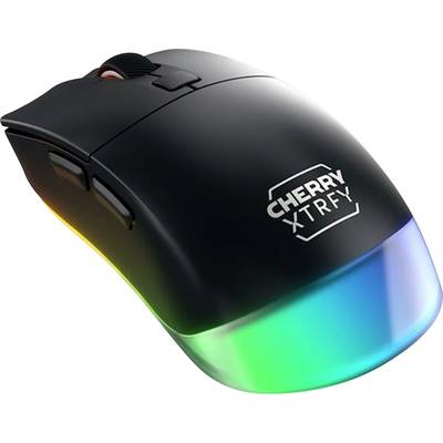 Črna miška CHERRY XTRFY s presežnim RGB osvetlitvijo spredaj in vzdolž spodnje strani.