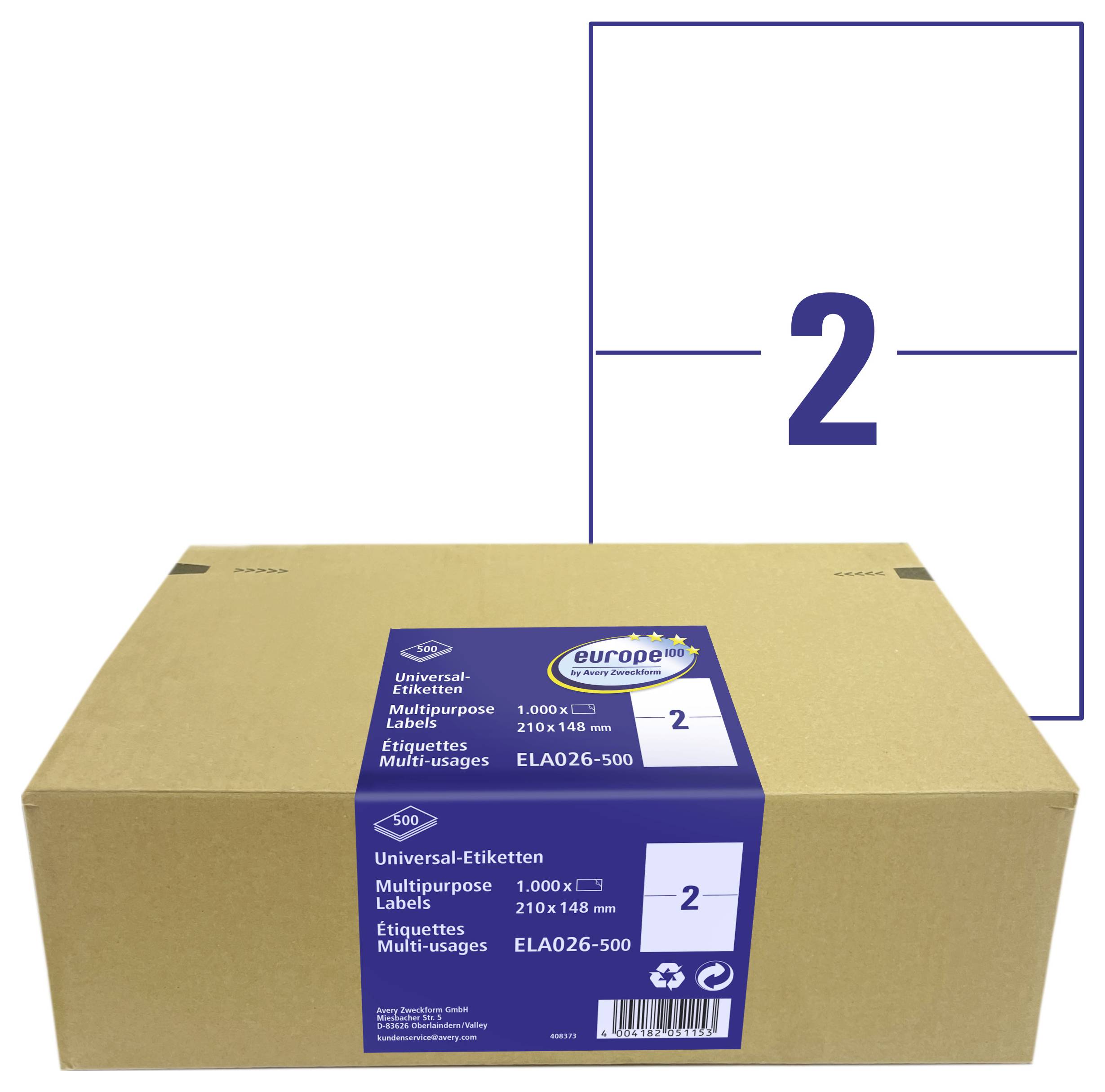 Škatla univerzalnih večnamenskih nalepk, 1.000 listov, z modro etiketo izdelka, ki prikazuje velikost 210 x 148 mm in veliko število 2.