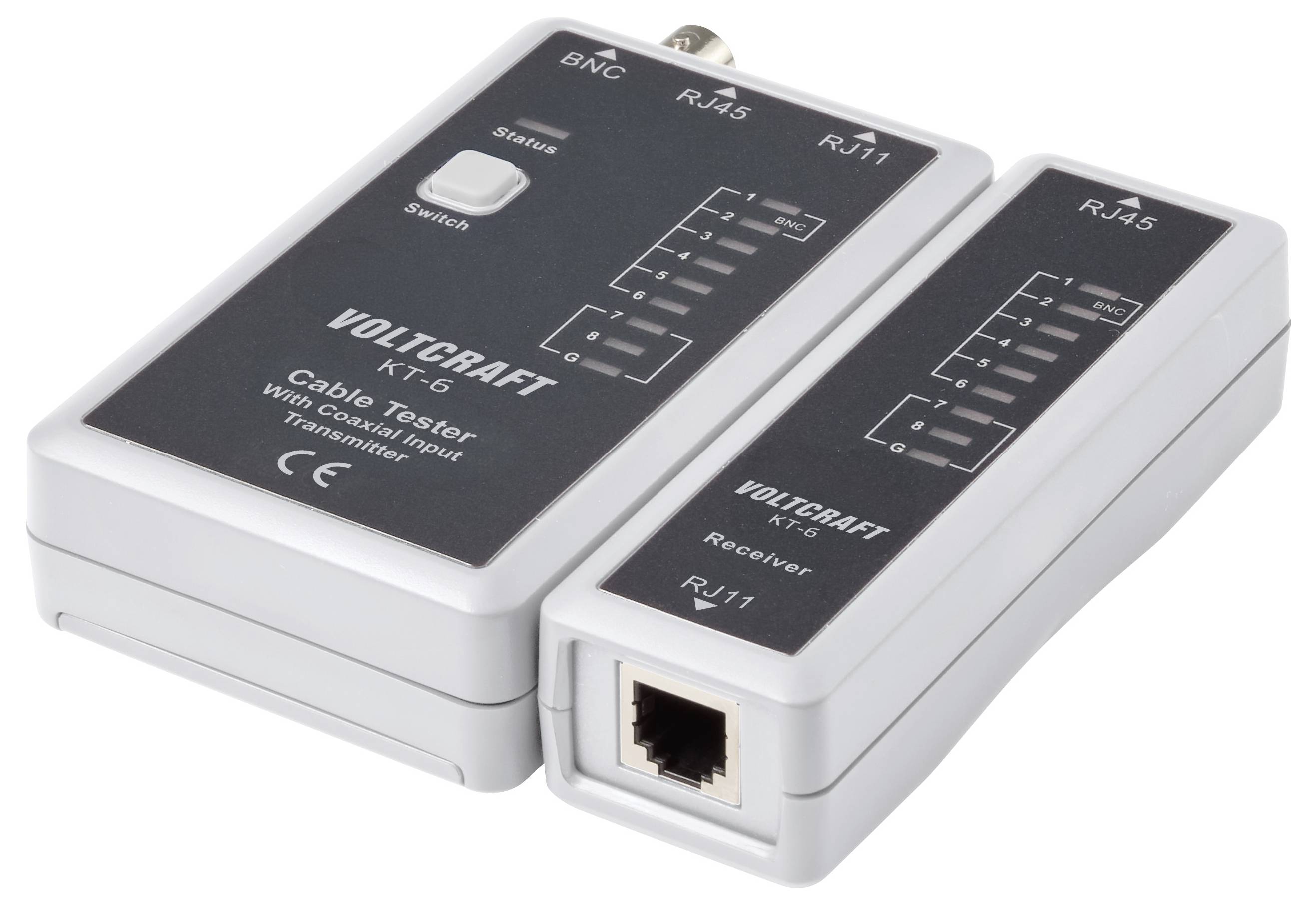 Dvedelni tester kablov VOLTCraft za RJ45 in RJ11 kabele, ki prikazuje enoti oddajnika in sprejemnika s status LED diodami in testnim stikalom.
