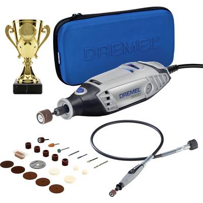 Dremel 3000 komplet rotacijskega orodja z modro torbo za prenos, ikono trofeje, fleksibilno gredjo ter različnimi brušnimi, brusilnimi in polirnimi nastavki in diski.