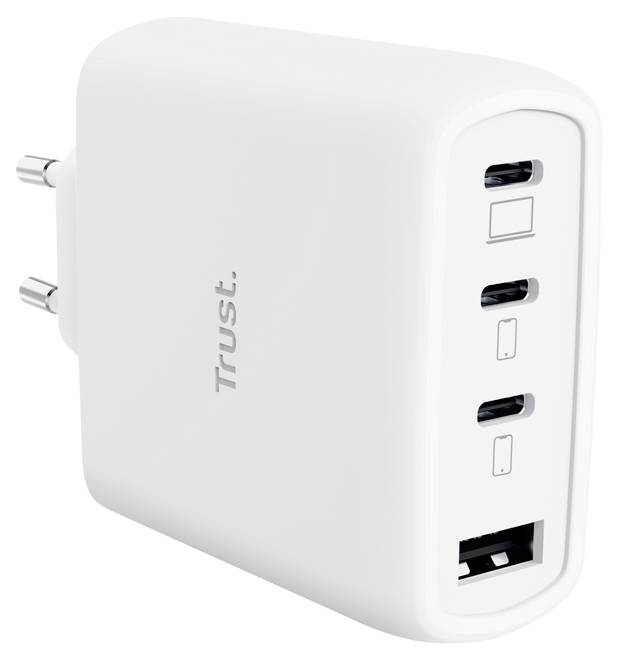 Beli napajalnik Trust s dvema priključnima kolkoma, tremi USB vrati in enim USB-C vhodom na sprednji strani.
