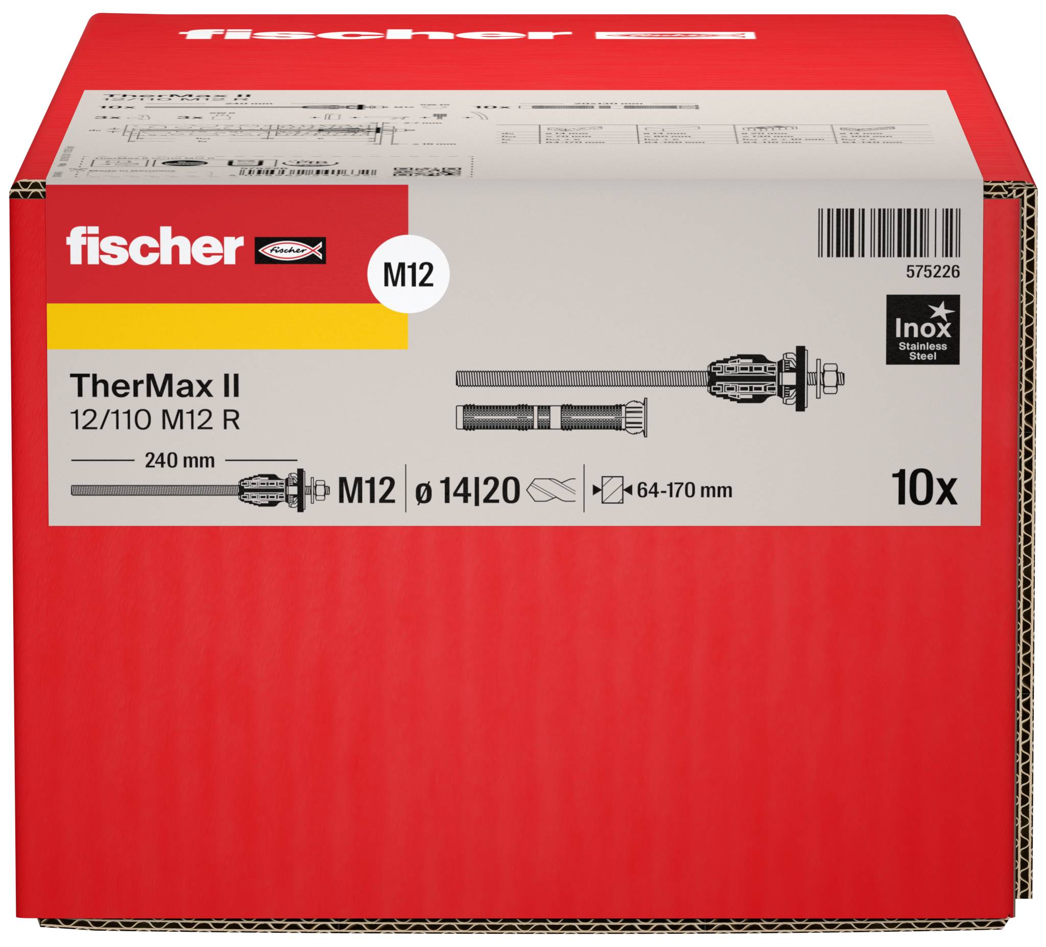 Rdeči Fischer TherMax II M12 komplet sider v škatli, označen '12/110 M12 R', '240 mm', '10x', z diagramom proizvoda in črtno kodo.