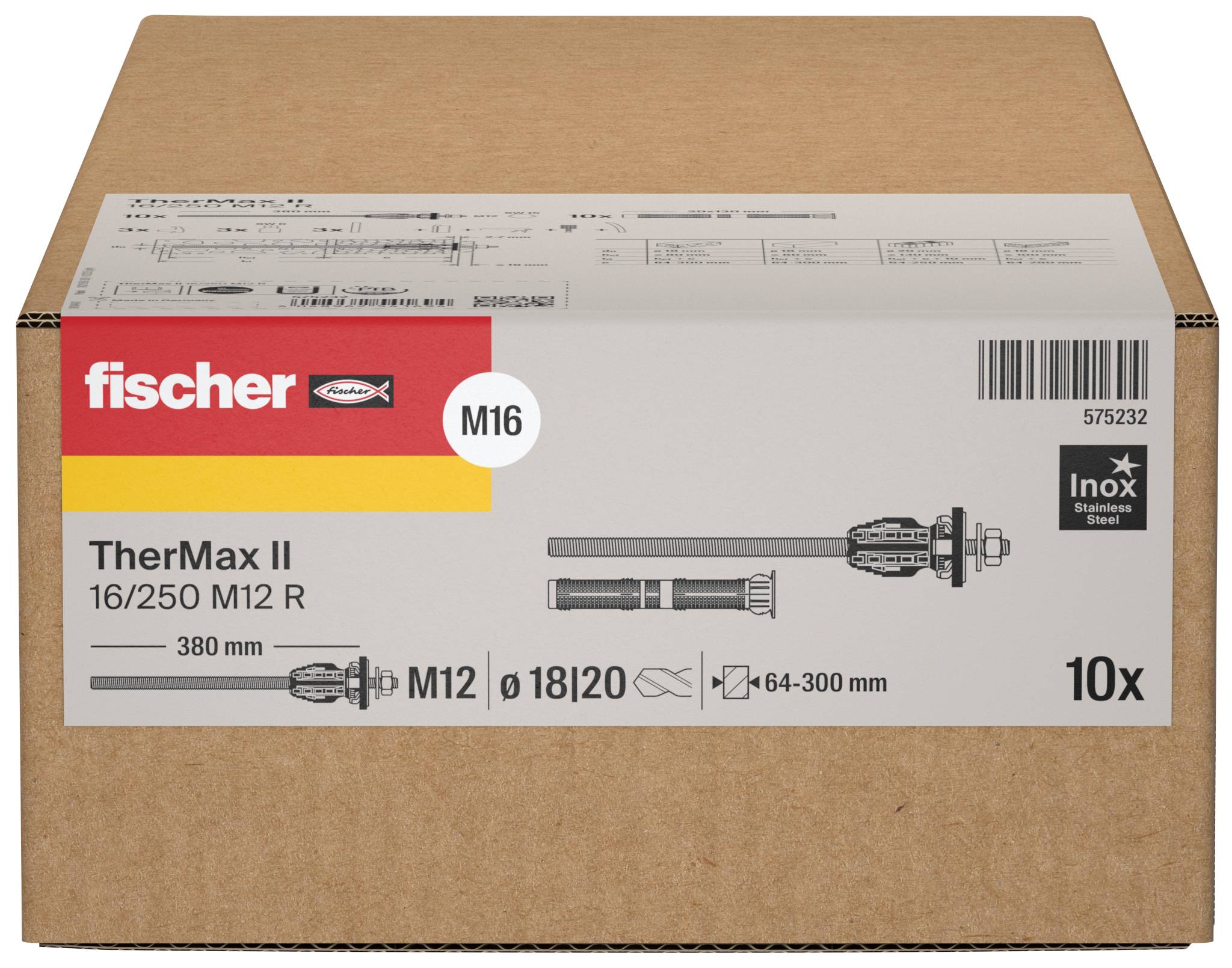 Kartonska embalaža označena 'fischer TherMax II 16/250 M12 R' s ponazoritvami, oznake M16 in 10x.