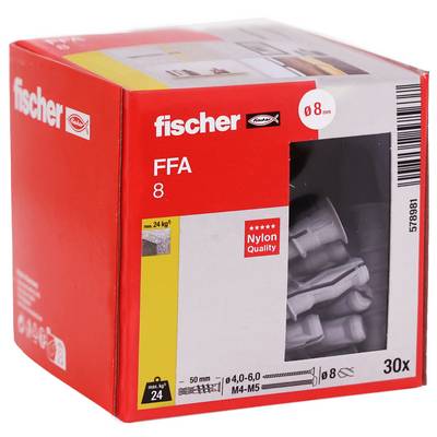 Rdeča in bela Fischerjevska FFA 8 najlonska stenski sidrišča v škatli, ki vsebuje 30 kosov za 8 mm luknje in do 24 kg obremenitve.